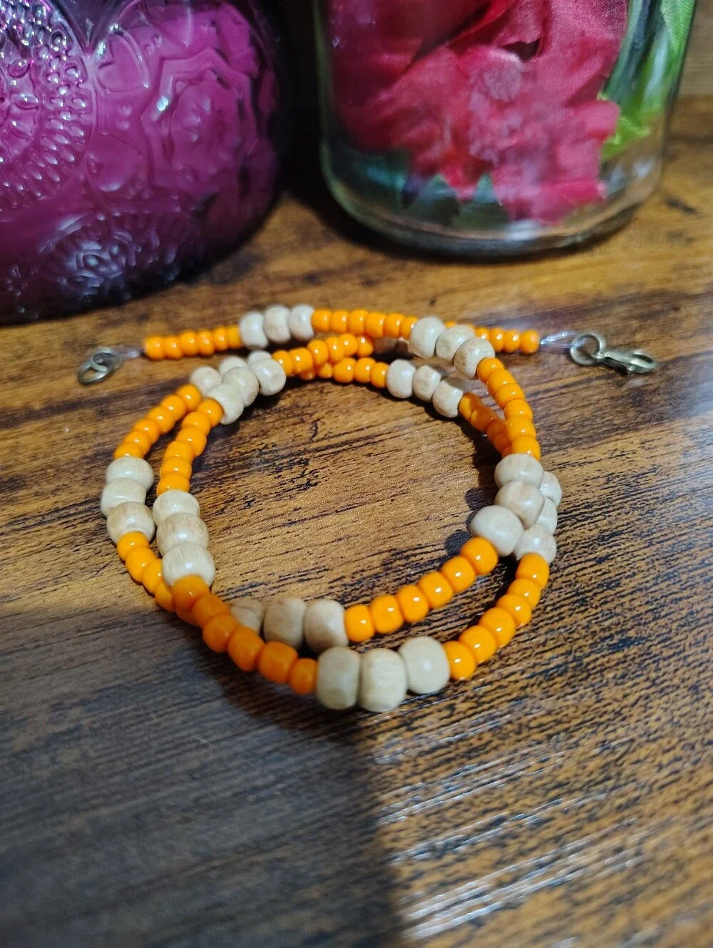 Handmade Orange  Beaded Men's Necklace With Wood Beads